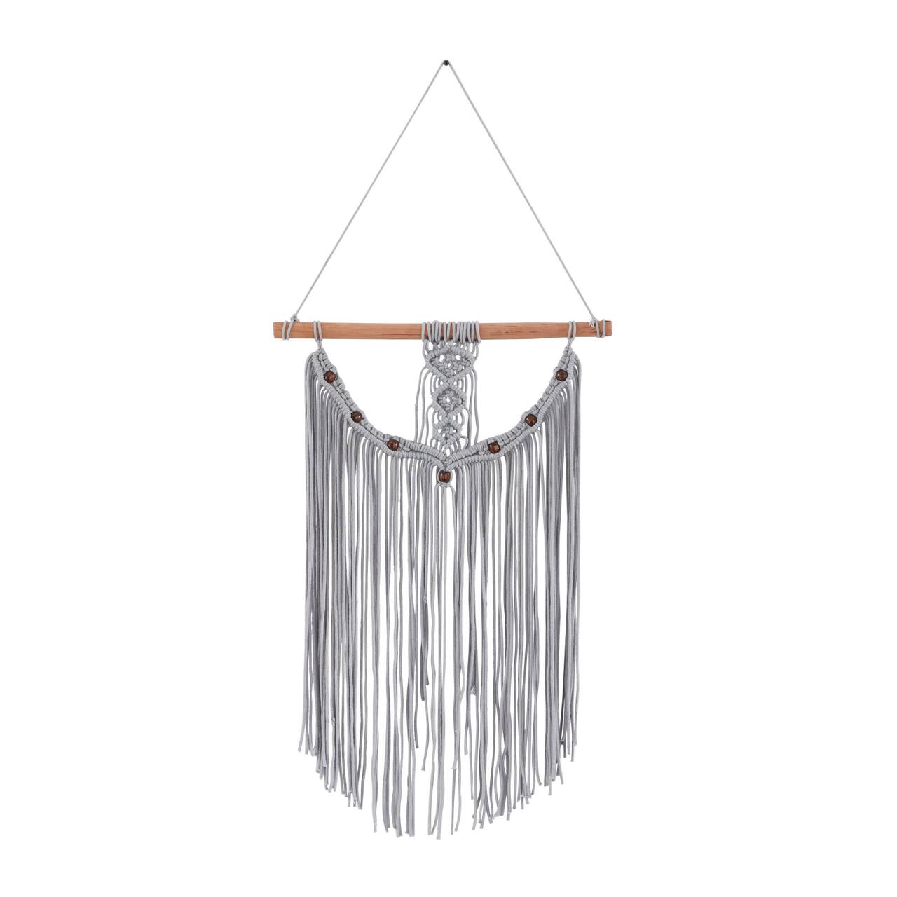 Gray Cotton Intricately Weaved Macrame Wall Decor with Beaded Fringe Tassels 20" x 1" x 44"
